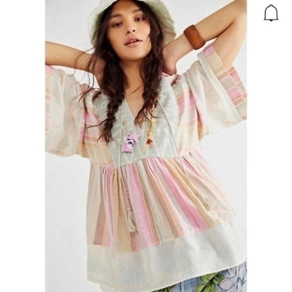 Free People  boho Spring  Embroidered colorful Fun striped Tunic Top RARE!